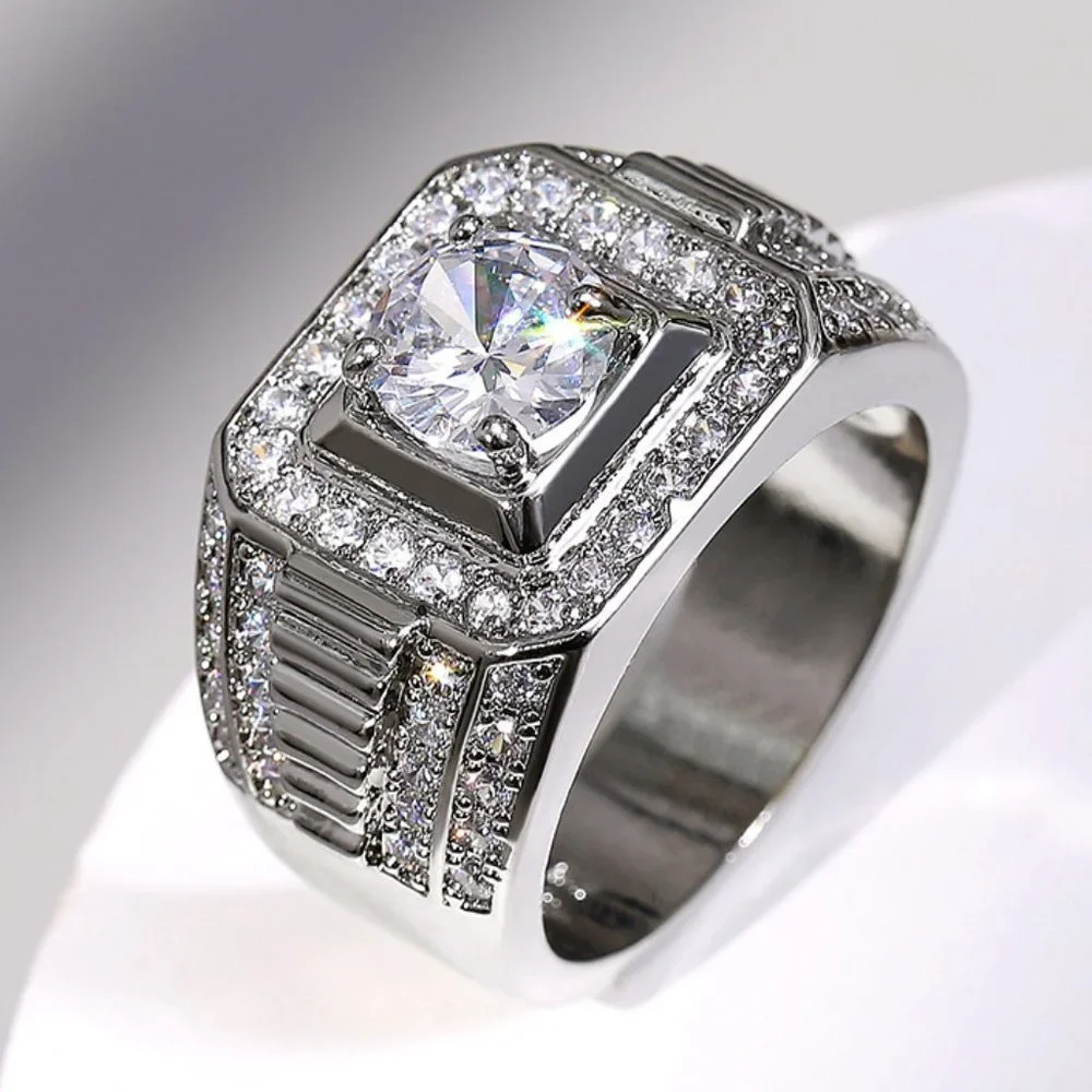💝 Fever Square Glitter Zircon Silver Chunky Wedding Rings for Man, PD663